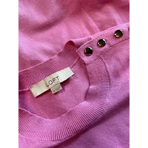 Loft Pink Knit Crew Neck Sweater Gold Buttons Long Sleeve Lightweight Soft‎ M - Picture 4 of 16